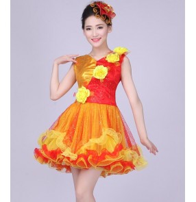 Red yellow gold sequins patchwork women's ladies female modern dance stage performance jazz opening dancing singer ds dance dresses outfits